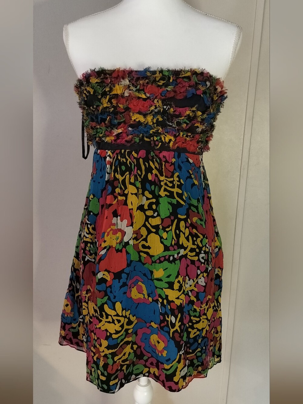 Betsey Johnson Black Strapless Floral Cocktail Dress with Multicolor Print
